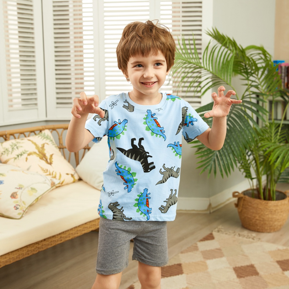 Trendy Cartoon Dinosaur Top and Solid Shorts